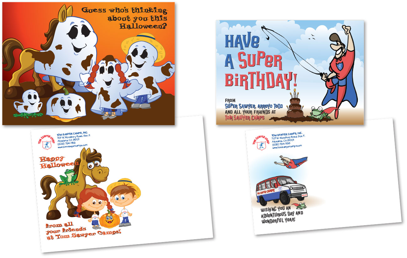 Tom Sawyer Camps Halloween and Birthday Postcards